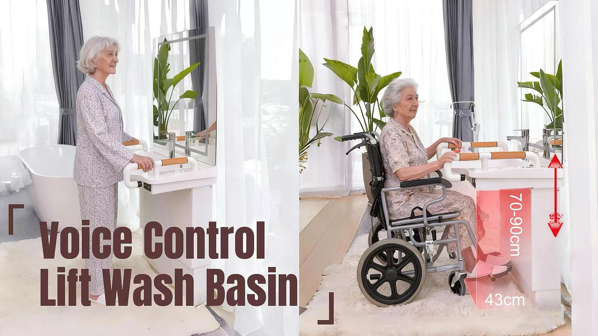 Load video: Elderly person using a voice-controlled lift wash basin that raises and lowers for easy, hands-free washing and improved bathroom safety.