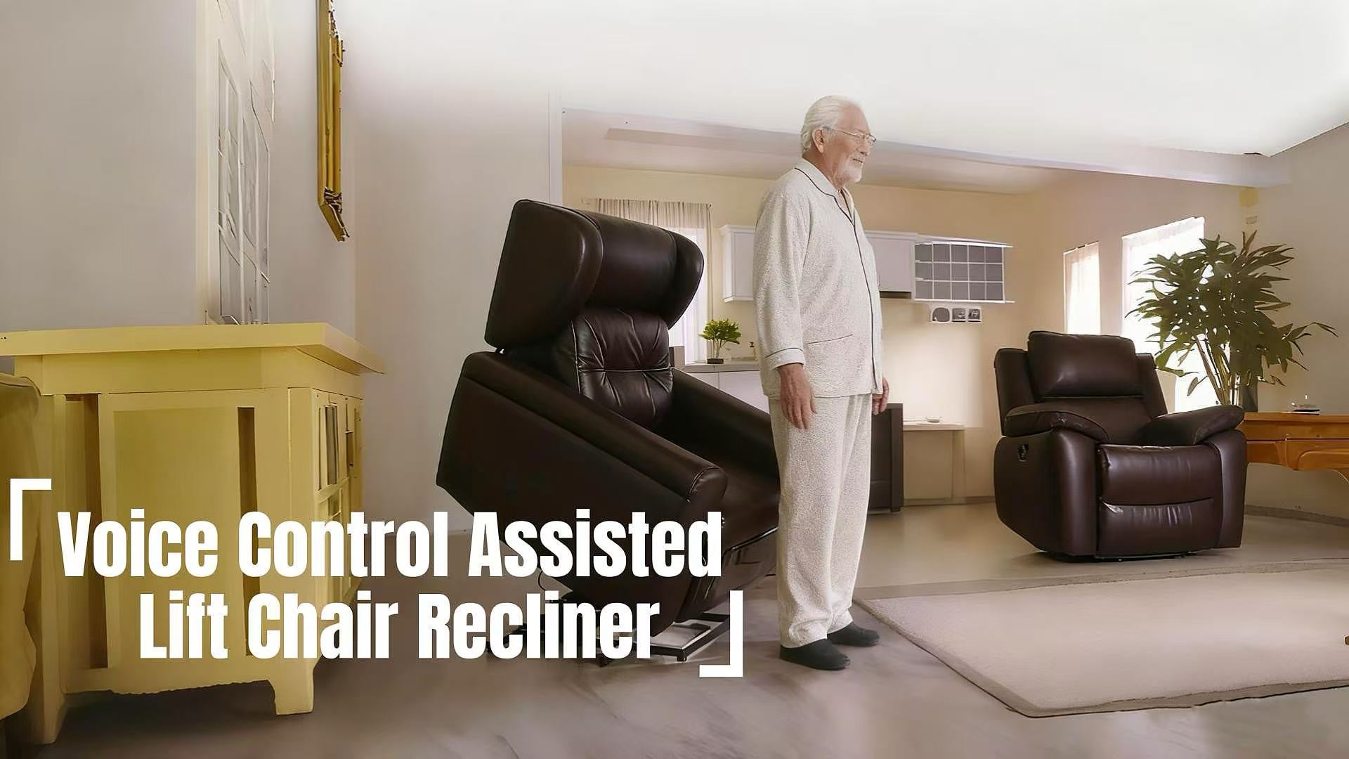 Load video: Smart recliner with voice control, 45° assist standing, and multiple reclining angles for seniors.