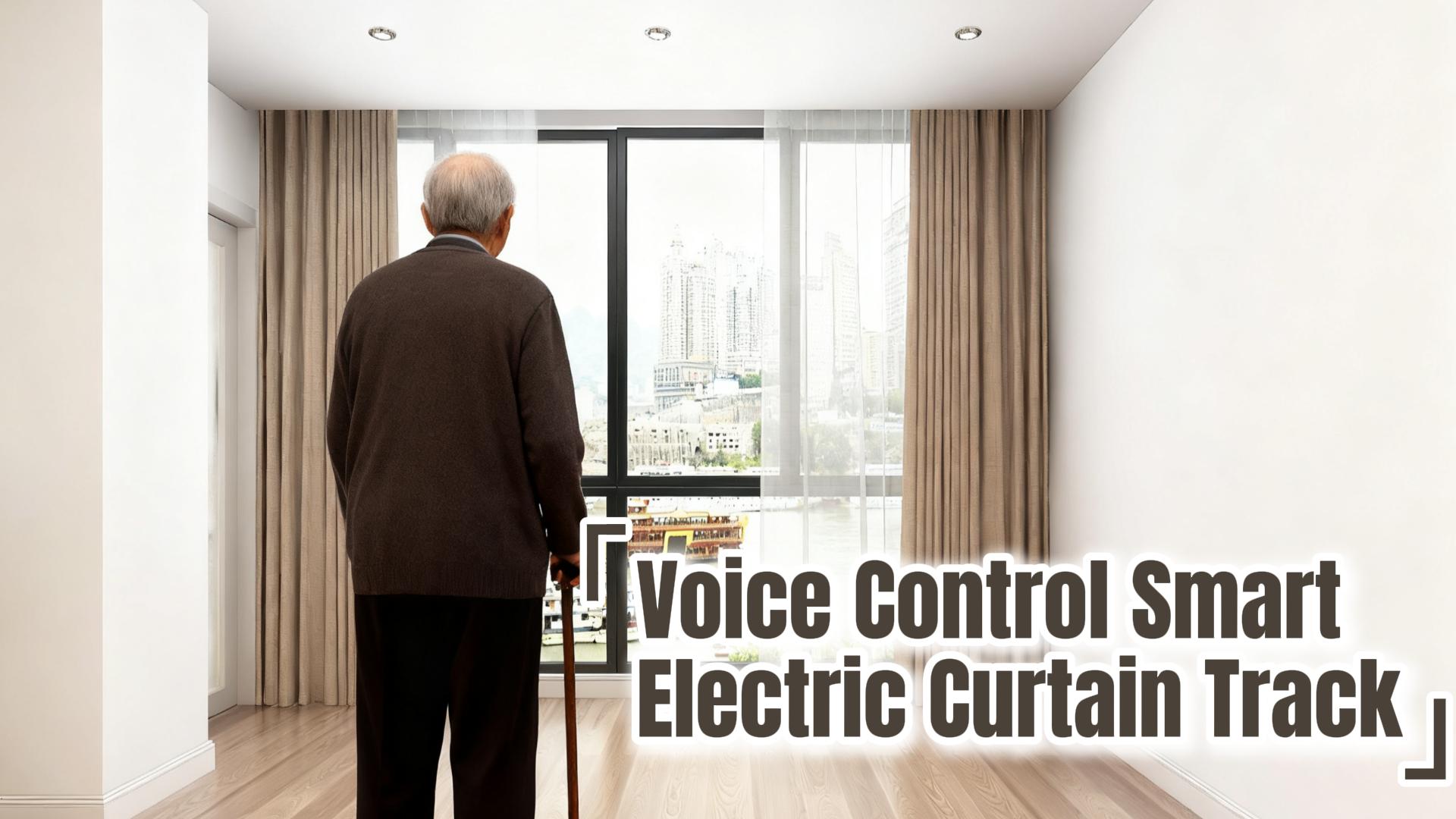 Load video: Voice Control Smart Electric Curtain Track installed in a modern living room—smart motorized curtain system compatible with Alexa and Google Assistant, offering quiet operation and hands-free home automation